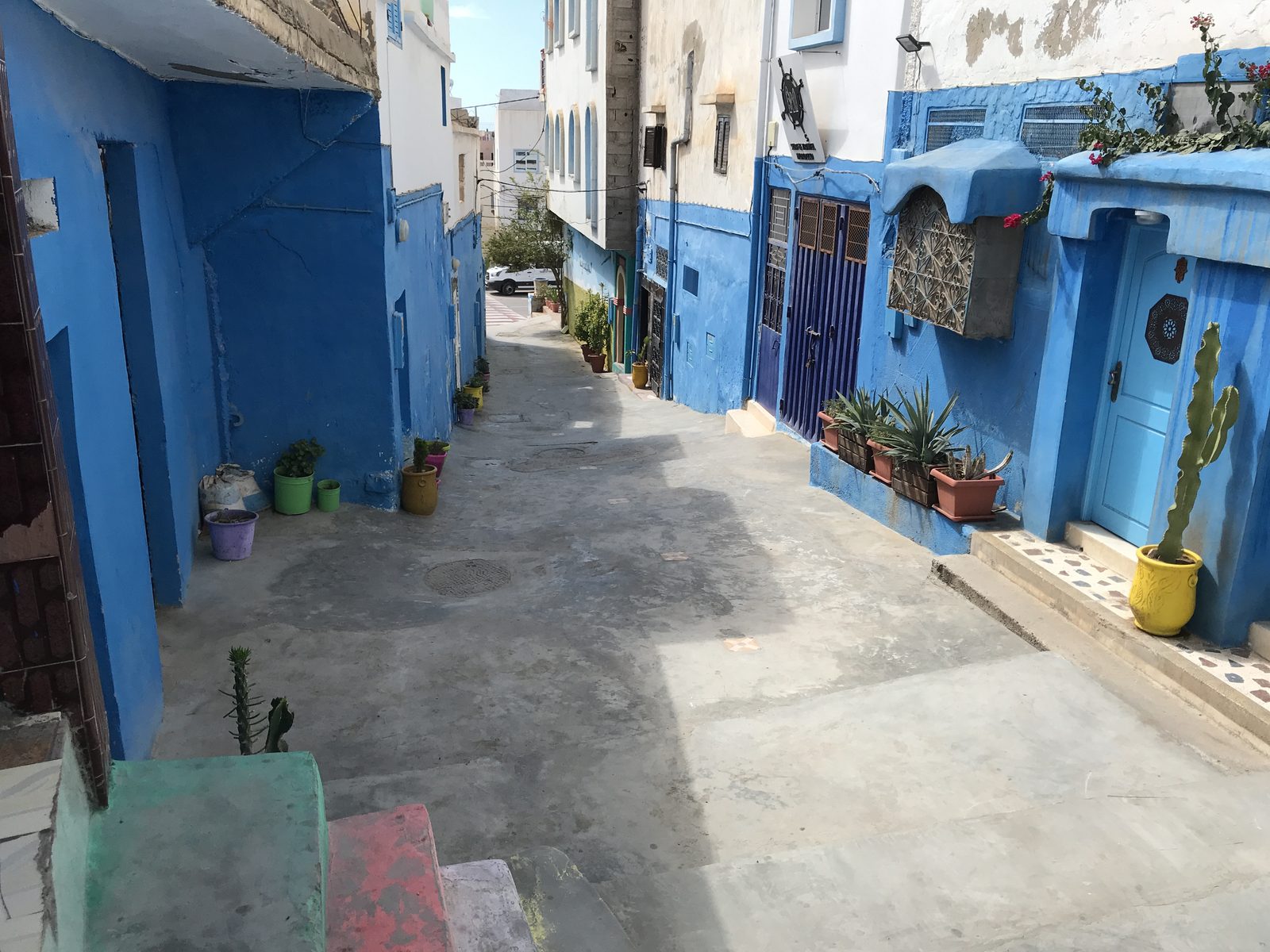 Blue and white houses in Taghazout, Morocco